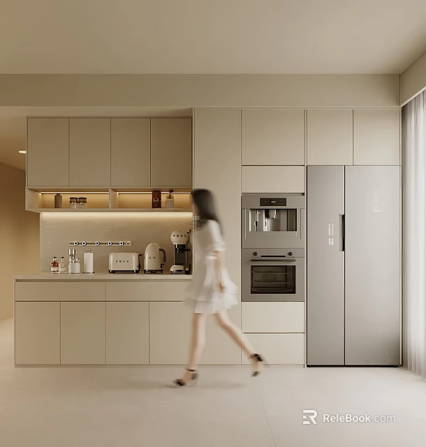 Modern Kitchen With Light Colored Cabinets Appliances And Woman Walking By 3d model 