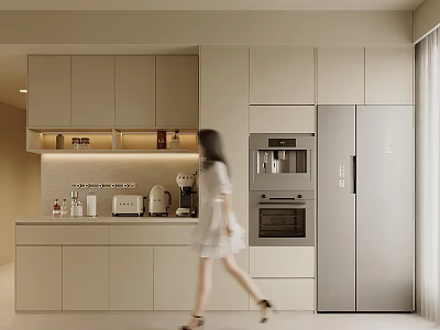 Modern Kitchen With Light Colored Cabinets Appliances And Woman Walking By 3d model