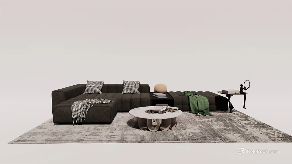 Large Sectional Sofa With Decorative Pillows Throw Blanket Round Coffee Table And Gray Area Rug 3d model