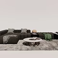 Large Sectional Sofa With Decorative Pillows Throw Blanket Round Coffee Table And Gray Area Rug 3d model