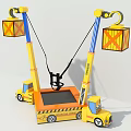Yellow Truck Shaped Amusement Rides With Crane Arms Hanging Boxes And Black Seats
