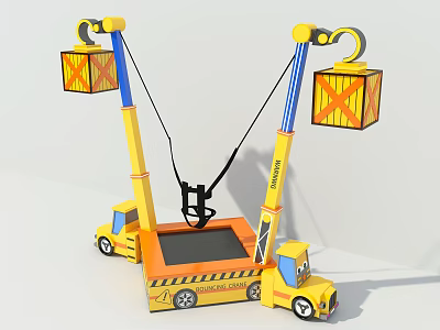 Yellow Truck Shaped Amusement Rides With Crane Arms Hanging Boxes And Black Seats 3d model