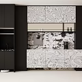 Modern Sideboard Design With Black Cabinetry And Wood Grain Pattern Panel 3d model