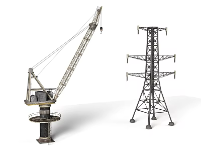 Heavy Duty Industrial Equipment Featuring Large Crane and High Voltage Transmission Tower 3d model