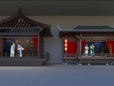 Ancient Architectural Stages With Traditional Roof Red Curtains Lanterns And Figures 3d model