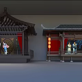 Ancient Architectural Stages With Traditional Roof Red Curtains Lanterns And Figures