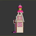 Cartoon Fairy Tale Cottage with Red Snowflaked Roof Pink Tower Pink Door and Decorative Windows