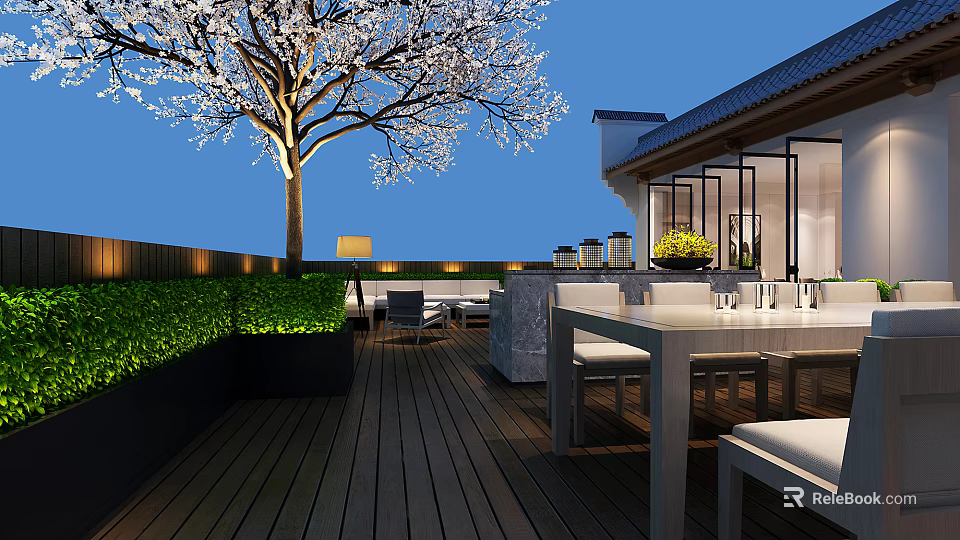 Outdoor Terrace Restaurant With Wooden Flooring Blooming Tree Green Shrubs And Dining Tables 3d model 