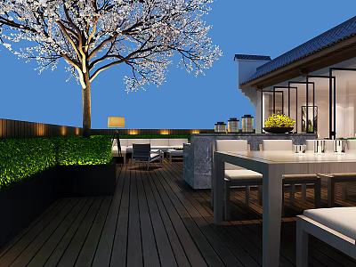 Outdoor Terrace Restaurant With Wooden Flooring Blooming Tree Green Shrubs And Dining Tables 3d model