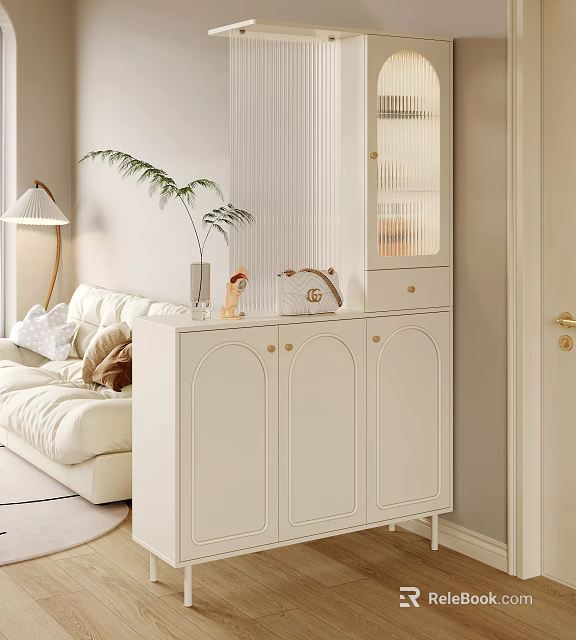Modern White Shoe Cabinet In Living Room With Sofa Table Lamp And Plant 3d model 