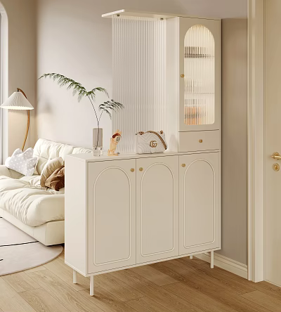 Modern White Shoe Cabinet In Living Room With Sofa Table Lamp And Plant 3d model