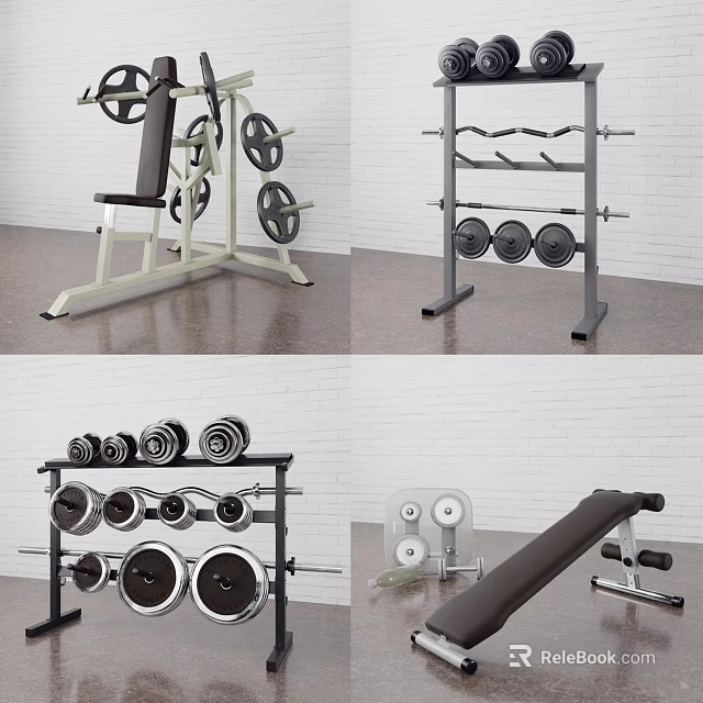 Fitness Equipment Set Including Dumbbells Barbells Weight Bench And Storage Rack 3d model 