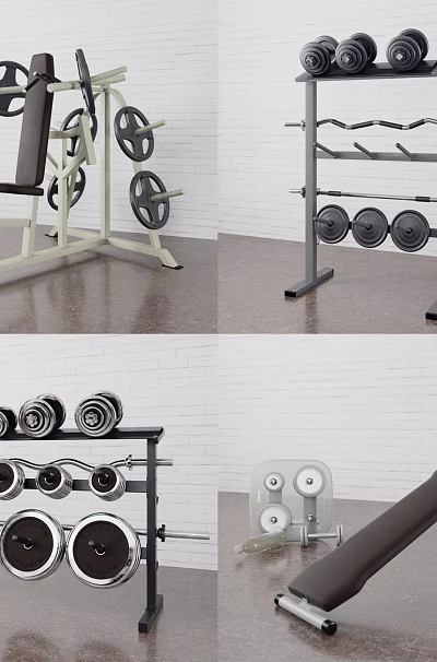 Fitness Equipment Set Including Dumbbells Barbells Weight Bench And Storage Rack 3d model