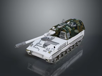 Military Armored Vehicle Featuring Camouflage Top White Base Tracks And Cannon Design 3d model