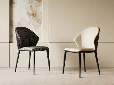 Modern Dining Chairs With Dark Woven And Light Leather Backrests In Beige Interior 3d model