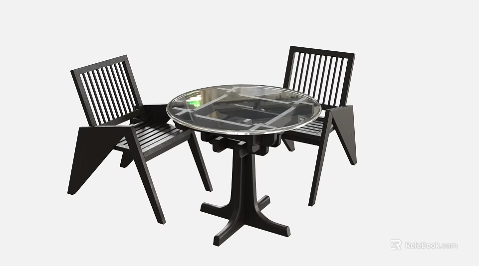 Modern Round Glass Top Dining Table With Black Slatted Design Chairs Set 3d model 