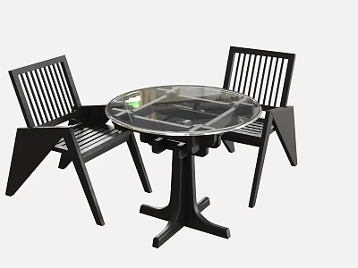 Modern Round Glass Top Dining Table With Black Slatted Design Chairs Set 3d model