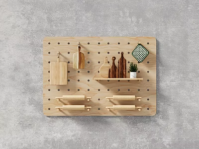 Wooden Pegboard Wall Decor With Hooks Shelves And Small Decorative Items 3d model