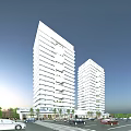 Modern High Rise Office Buildings With Glass Curtain Walls Balconies And Surrounding Greenery