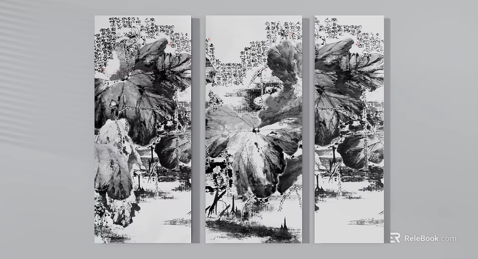 Traditional Chinese Ink Wash Landscape Painting Triptych With Lotus Leaves And Natural Scenery 3d model 