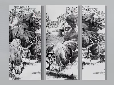 Traditional Chinese Ink Wash Landscape Painting Triptych With Lotus Leaves And Natural Scenery 3d model