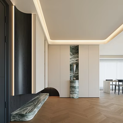 Modern Foyer Hallway Interior With Marble Column White Cabinets And Light Strips 3d model