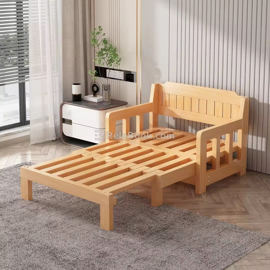 Solid Wood Sofa Bed Folding Bed Push-pull Bed Multi-function Bed Fabric Sofa Bedside Table 3d model