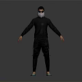Man Wearing Black Balaclava Sunglasses Black Long Sleeve Top Black Pants Blue Slippers Gray Background 3d model