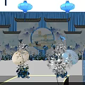 Elegant Banquet Hall With Blue Decorations Hanging Lanterns White Aisle And Flowers