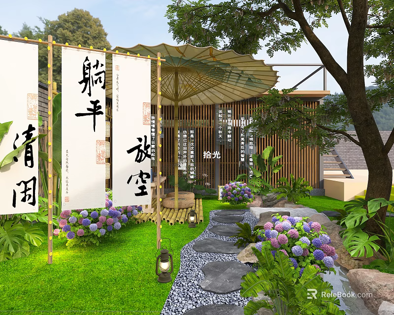 Elegant Zen Style Garden Landscape With Cozy Leisure Space Lush Greenery And Natural Stepping Stones 3d model 