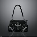 Stylish Black Handbag With Cross Ornament And Silver Decorative Straps