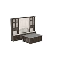 Dark Wood Kitchen Cabinets With Arched Design And Marble Countertop Island