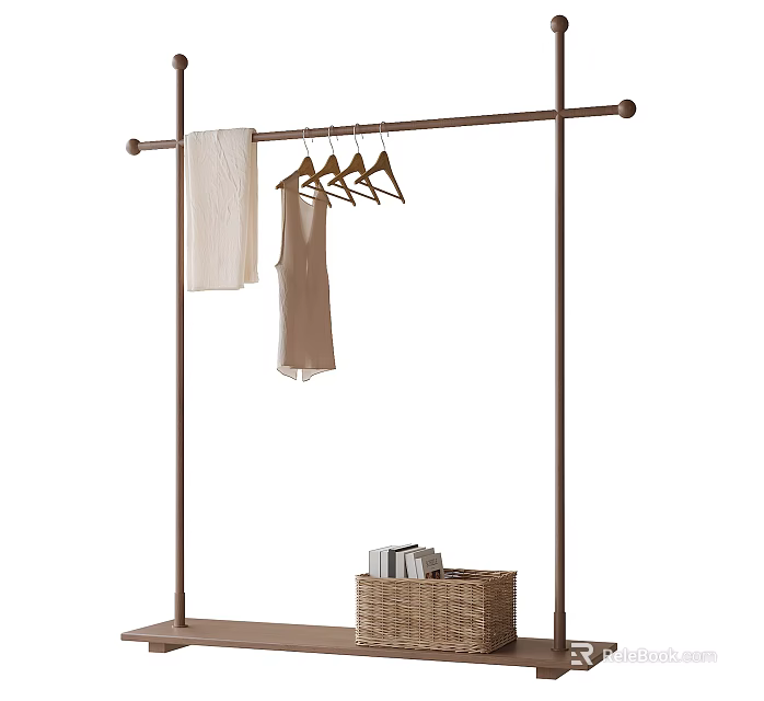 Modern Freestanding Clothing Rack With Hanging Clothes And Woven Basket 3d model 