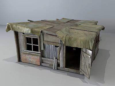Old Weathered Wooden Cabin With Canvas Covered Roof Wooden Door And Window 3d model