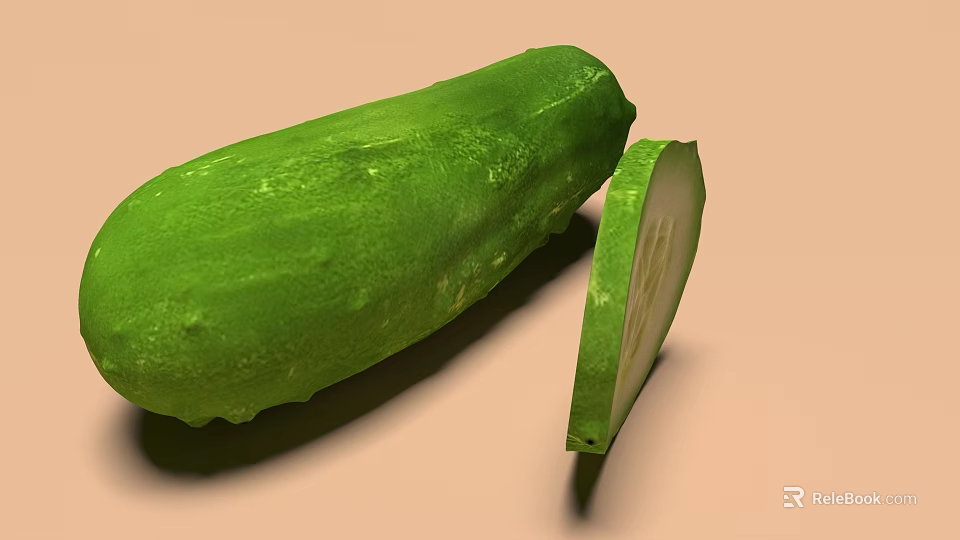 Fresh Green Cucumber Whole and Sliced Healthy Vegetable on Beige Background 3d model 
