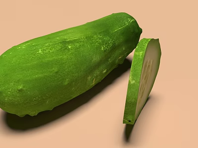 Fresh Green Cucumber Whole and Sliced Healthy Vegetable on Beige Background 3d model