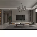Modern Living And Dining Room Interior With Sofa Coffee Table TV Unit And Chandeliers