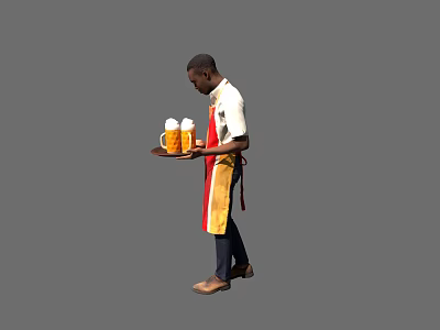 Man wearing red and yellow apron carrying tray with beer mugs 3d model