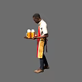 Man wearing red and yellow apron carrying tray with beer mugs