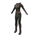 Medieval Fantasy Outfit with Green Top Hooded Cloak Leather Belt Mesh Sleeves and Leather Gloves
