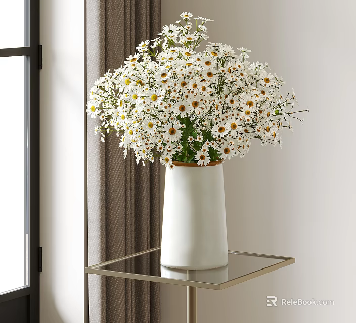 White Ceramic Vase with White Daisy Flowers on Glass Table Near Window with Gray Curtain 3d model 