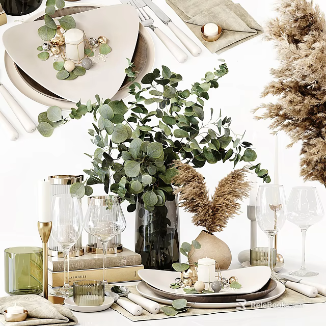 Decorative Ornament Set with Eucalyptus Plant Wine Glasses Books Candles and Dried Flowers 3d model 