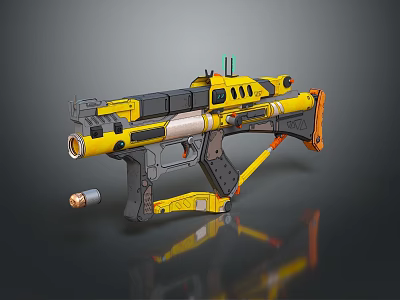Futuristic Yellow Gun With Black Orange Accents Scope Barrel Grip And Bullet Shell 3d model