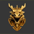 Intricately Carved Wooden Dragon Head Sculpture With Sharp Horns And Open Mouth