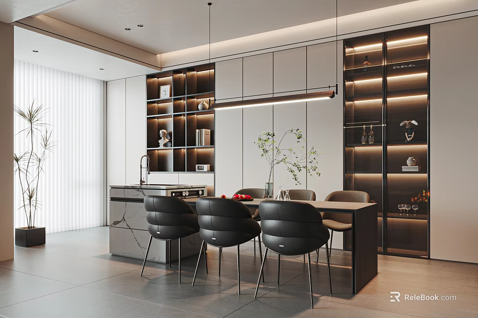 Modern Minimalist Restaurant Interior With Dining Table Chairs Cabinets Shelves Lighting And Plants 3d model 