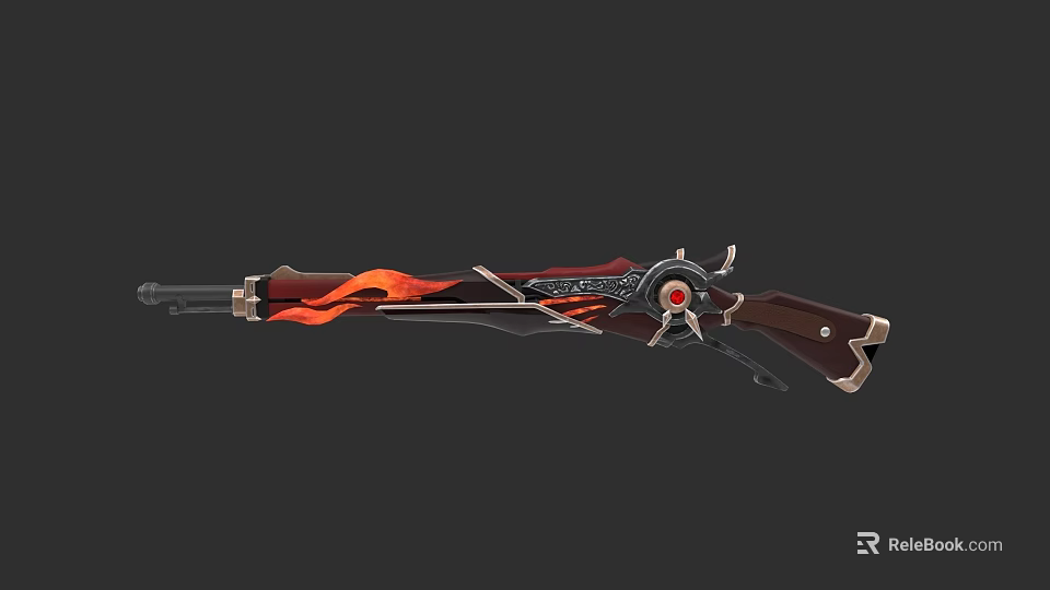 Decorative Shotgun Weapon with Flame Pattern Red Black Design and Wooden Stock 3d model 