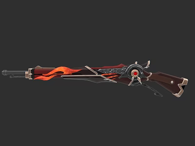 Decorative Shotgun Weapon with Flame Pattern Red Black Design and Wooden Stock 3d model