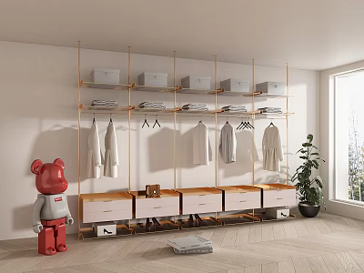 Stylish Gold Clothes Hanger System with Shelves Hanging Clothes and Drawer Units in Room Interior 3d model