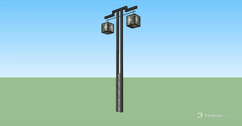Modern Outdoor Light with Black Lamp Post and Two Square Lanterns Design 3d model