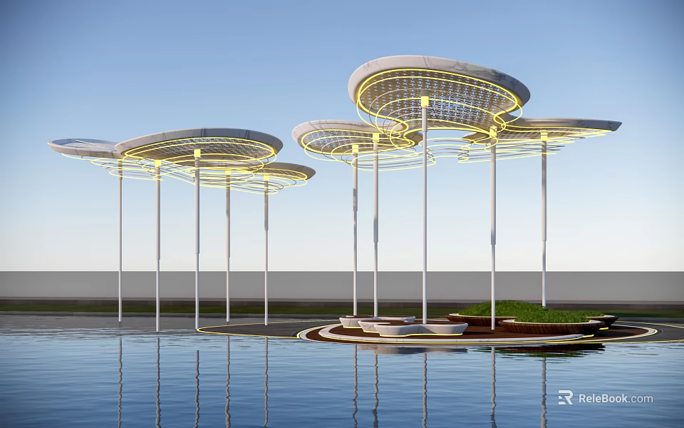 Modern Pergolas with Circular Roofs Yellow Lighting White Pillars by Water and Green Plants 3d model 